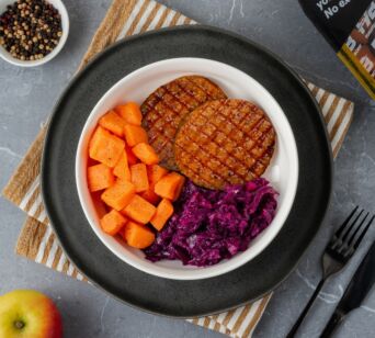 Süsskartoffeln  - Hähnchenburger - Apfelrotkohl (mit Gewürz) [MASSE]