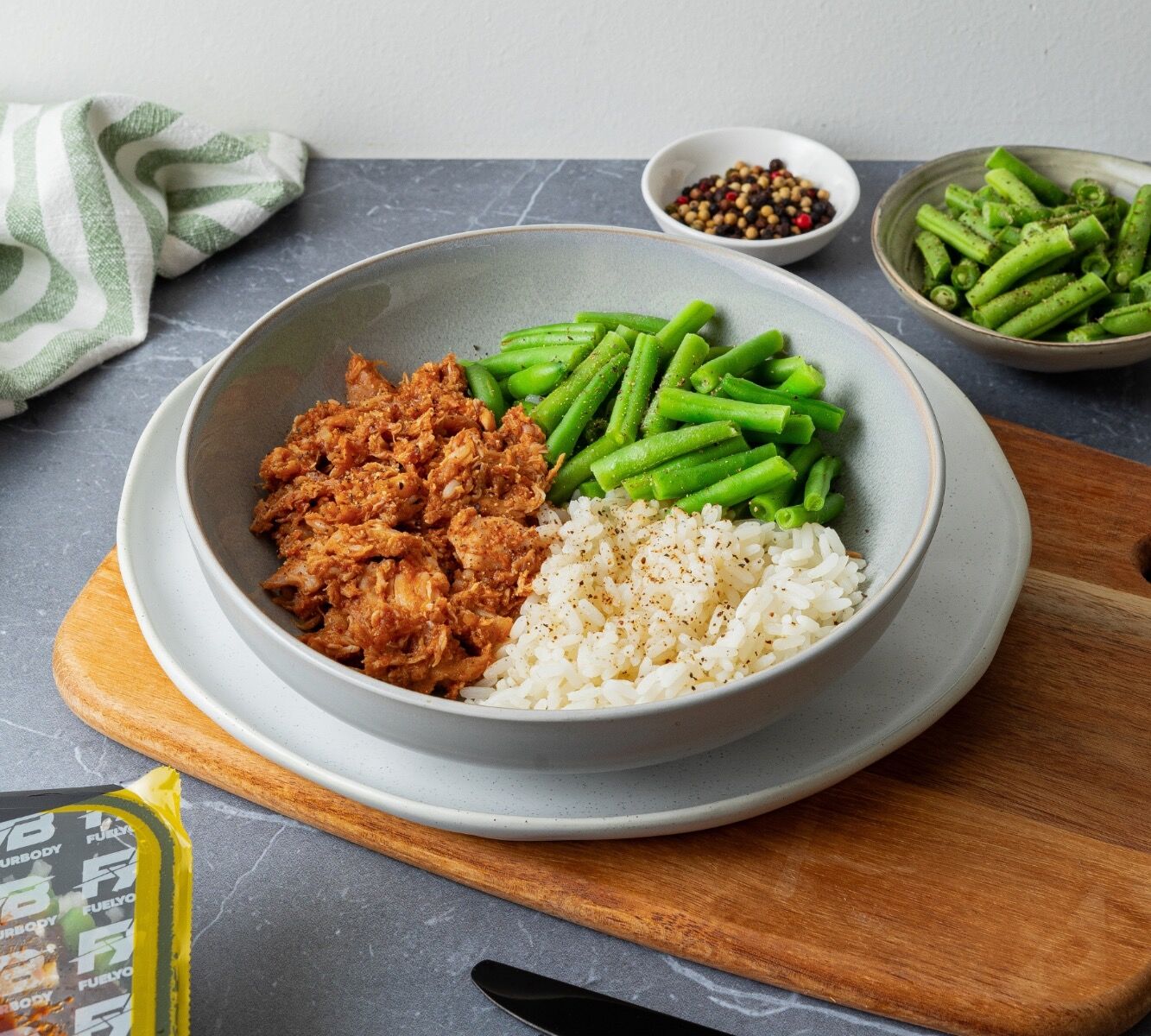 Reis - BBQ Pulled Chicken - Brechbohnen