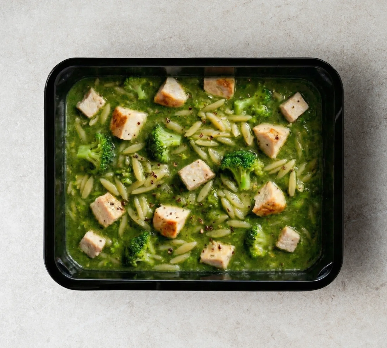 Green-Fuel-Suppe mit Hähnchen, Orzo und Brokkoli
