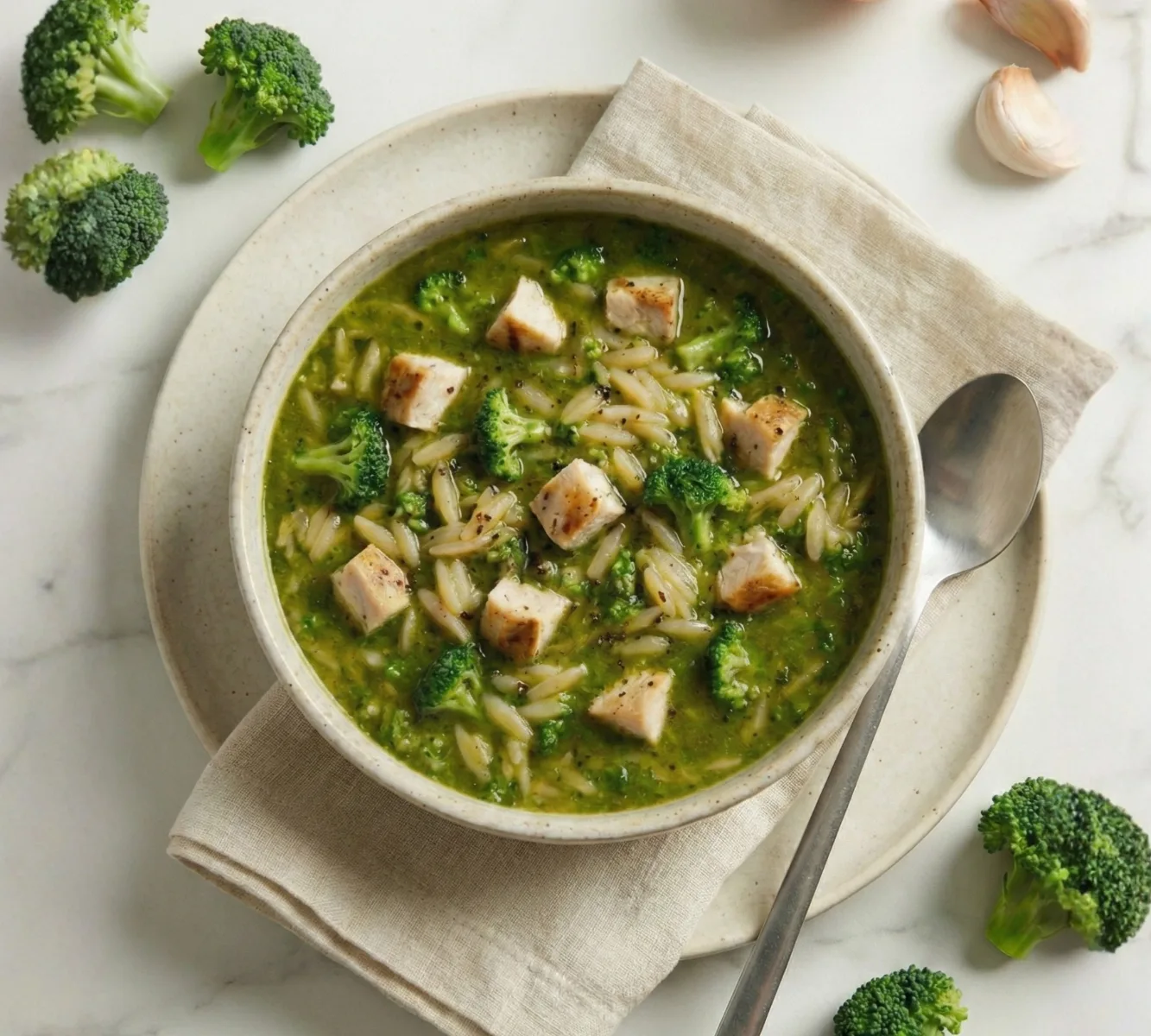 Green-Fuel-Suppe mit Hähnchen, Orzo und Brokkoli