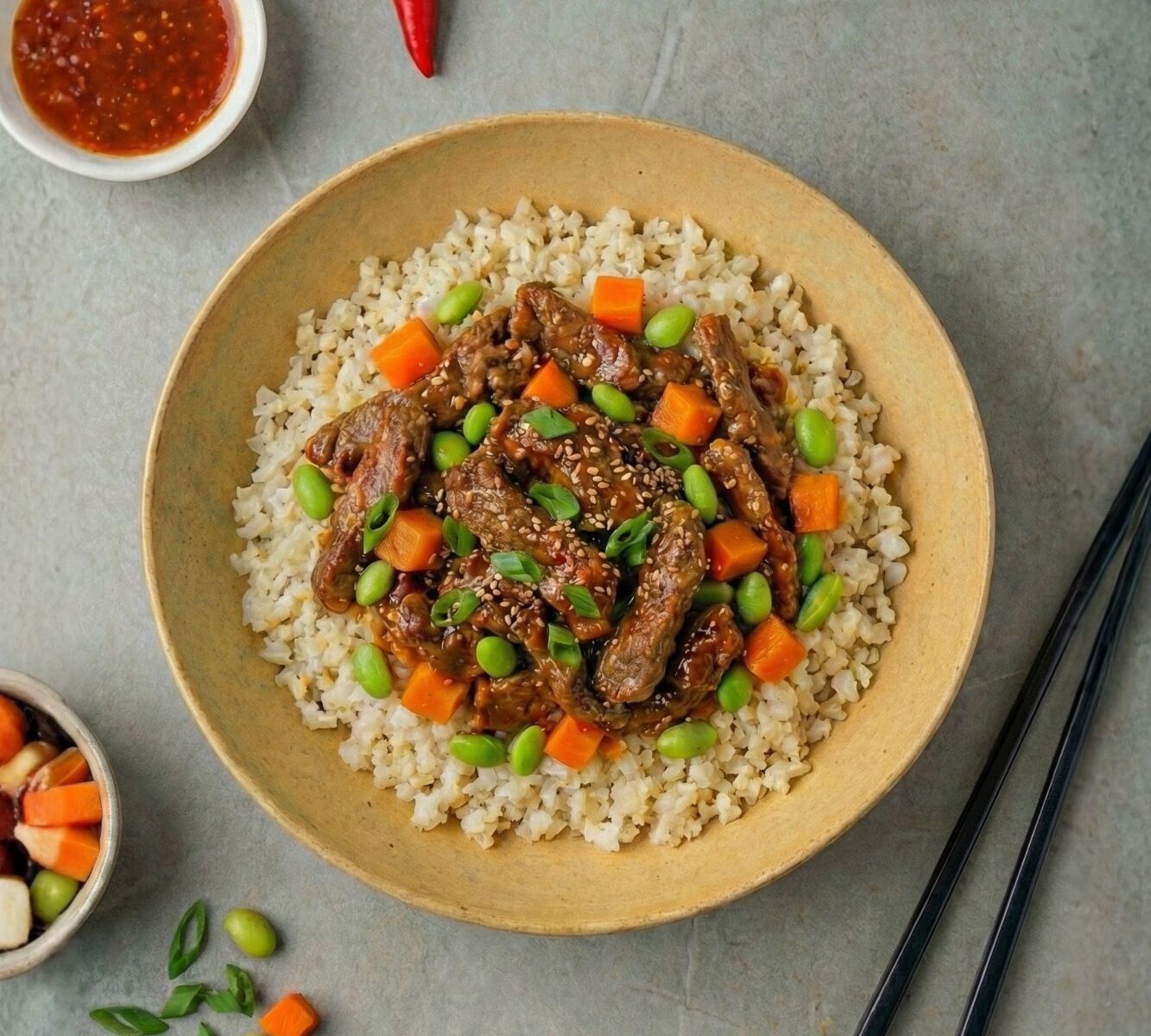 Heiße koreanische Rindfleisch-Blumenkohl-Reisschüssel [LOWCARB]